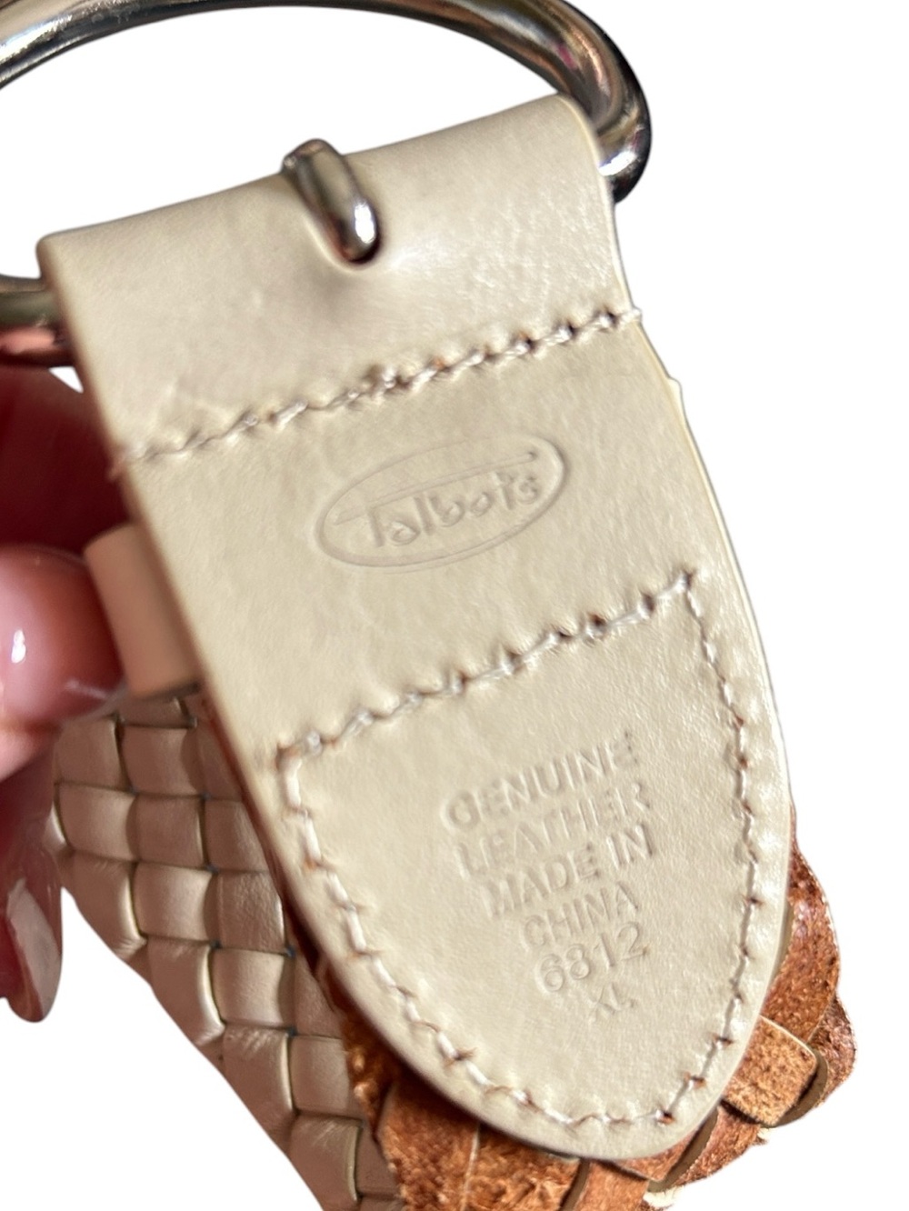 Talbots Cream Woven Leather Wide Belt with Silver Tone Solid Brass Buckle XL - Picture 5 of 6